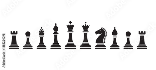 Arrangement of black chess pieces on white background including king queen bishop knight rook and pawn symbols