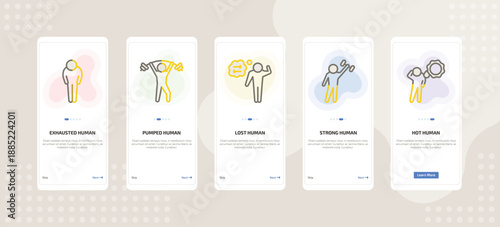 onboarding screen template for emotions mobile app ui with exhausted human, pumped human, lost human, strong hot icons.