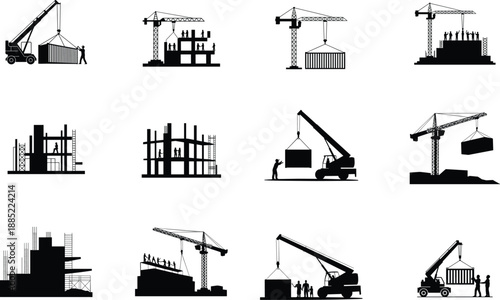 construction crane silhouettes set, building site activities, heavy lifting equipment, industrial development process, architecture engineering work, urban construction illustration