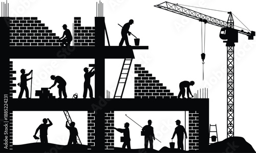 Construction workers silhouette building structure with crane, teamwork industrial site, architecture development, labor force, urban construction process illustration, vector, graphic