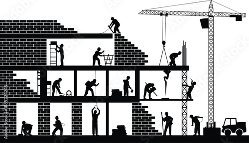 construction, workers, silhouette, building, crane, teamwork, architecture, engineering, labor, industry, urban, development, infrastructure, project, site, 