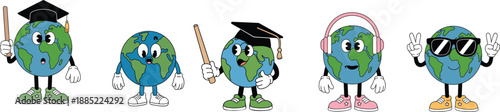 Cute cartoon earth mascot characters set with education, music and cool styles, globe illustration for kids, fun world design