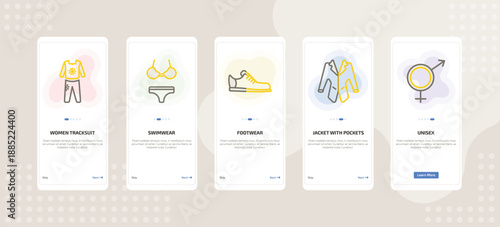 onboarding screen template for fashion mobile app ui with women tracksuit, swimwear, footwear, jacket with pockets, unisex icons.