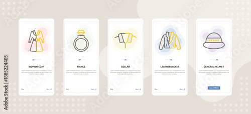 onboarding screen template for fashion mobile app ui with women coat, fiance, collar, leather jacket, general helmet icons.