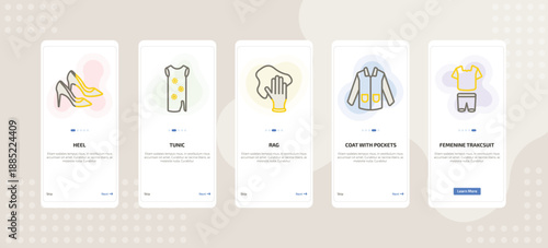 onboarding screen template for fashion mobile app ui with heel, tunic, rag, coat with pockets, femenine trakcsuit icons.