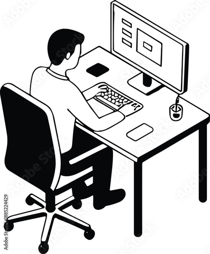 office worker illustration, man working at computer desk, remote job concept, workspace setup, professional workflow, technology, business, vector design