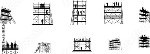 scaffolding silhouettes set, construction platforms, workers on framework, industrial building support, safety structure, architecture development, engineering process, vector illustration