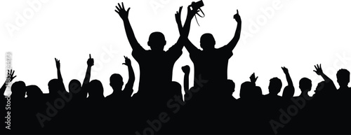 Silhouette cheering crowd with raised hands at concert or festival, celebration energy, music event, party people, success victory concept illustration