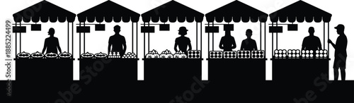 Silhouette farmers market stalls with vendors selling fresh fruits and vegetables, local outdoor bazaar scene, traditional marketplace illustration design