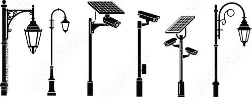 street light silhouettes collection, solar powered security cameras, outdoor lighting poles, urban infrastructure, surveillance technology, smart city illustration