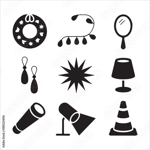 Variety of lighting and lifestyle black silhouette icons set vector collection for graphic designers