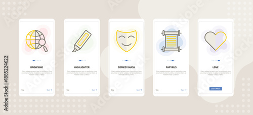 onboarding screen template for education mobile app ui with browsing, highlighter, comedy mask, papyrus, love icons.