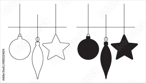 Christmas ornaments hanging on strings set outline and silhouette vector illustration for holiday art