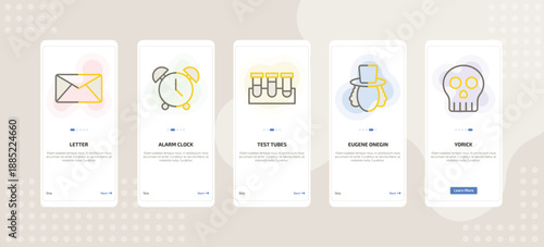 onboarding screen template for education mobile app ui with letter, alarm clock, test tubes, eugene onegin, yorick icons.