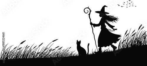 Silhouette witch walking with cat on grassy hill, fantasy magic mystical night scene, halloween illustration, black white art, fairytale concept