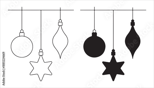 Christmas baubles outline and silhouette festive decoration set on white background