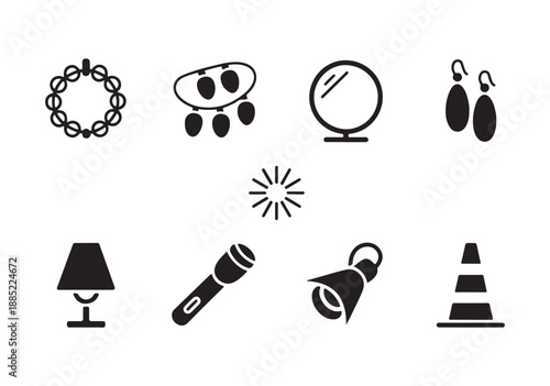 Minimalist light source and household object icons set black silhouette symbols for web design use