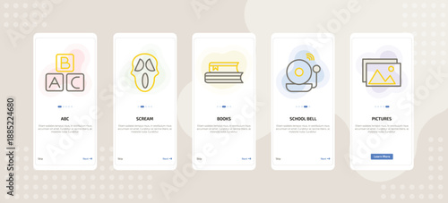 onboarding screen template for education mobile app ui with abc, scream, books, school bell, pictures icons.