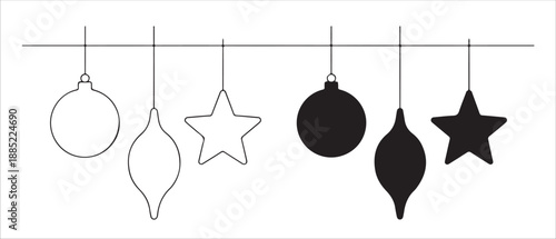 Christmas baubles outline and silhouette festive decoration set on white background