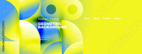 Bright abstract geometric background. Yellow, blue gradients create modern design. Text elements present, website navigation visible.