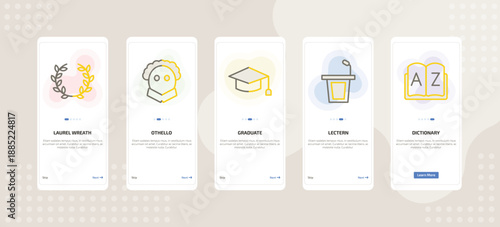 onboarding screen template for education mobile app ui with laurel wreath, othello, graduate, lectern, dictionary icons.