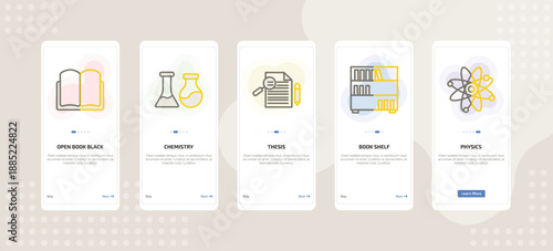 onboarding screen template for education mobile app ui with open book black cover, chemistry, thesis, book shelf, physics icons.
