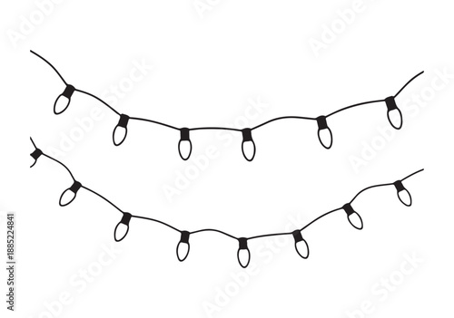 Two decorative horizontal strings of christmas lights or fairy lights design element isolated on white background