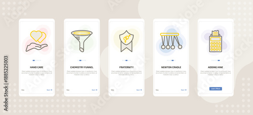 onboarding screen template for education mobile app ui with hand care, chemistry funnel, fraternity, newton cradle, adding hine icons.