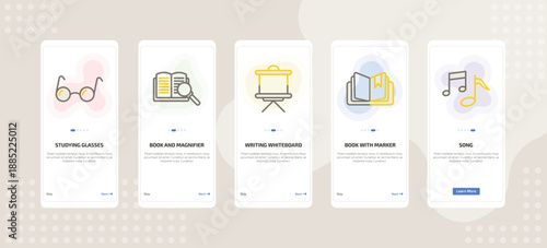 onboarding screen template for education mobile app ui with studying glasses, book and magnifier, writing whiteboard, book with marker, song icons.
