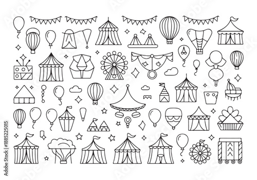 Circus tent amusement park outline carnival marquee funfair festival event show line icon set