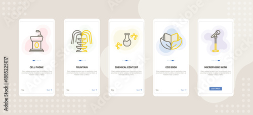 onboarding screen template for education mobile app ui with cell phone, fountain, chemical content, eco book, microphone with stand icons.