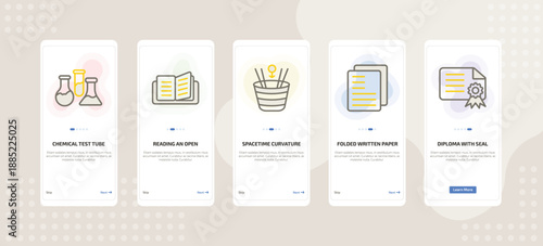 onboarding screen template for education mobile app ui with chemical test tube, reading an open book, spacetime curvature, folded written paper, diploma with seal icons.