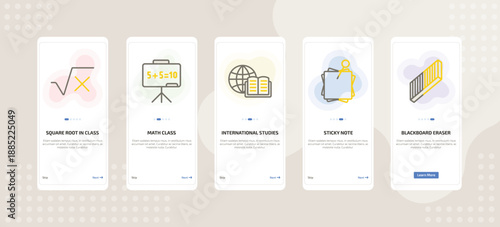 onboarding screen template for education mobile app ui with square root in class, math class, international studies, sticky note, blackboard eraser icons.