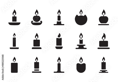 Candle black glyph icon set, burning wax candles, various shapes and sizes, light, heat, flame