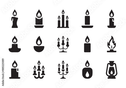 Candle black glyph icon set, various burning wax candles, candelabras, lantern, light flame