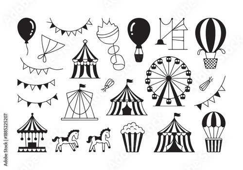 Carnival and circus icons set with ferris wheel tent hot air balloons carousel and bunting banners
