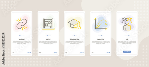 onboarding screen template for education mobile app ui with binding, abcus, graduation, ballistic, kid icons.