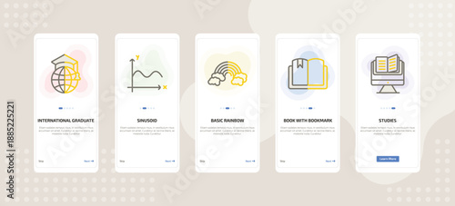 onboarding screen template for education mobile app ui with international graduate, sinusoid, basic rainbow, book with bookmark, studies icons.