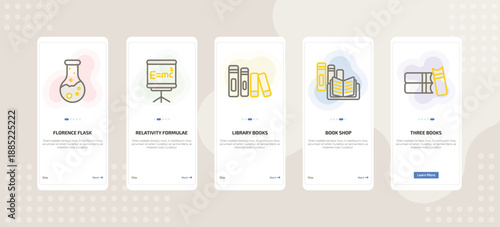 onboarding screen template for education mobile app ui with florence flask, relativity formulae, library books, book shop, three books icons.