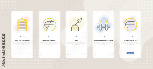 onboarding screen template for education mobile app ui with written clipboard, is not an element of, ink, communicating vessels, is an element of icons.