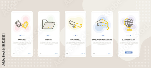 onboarding screen template for education mobile app ui with parasites, open file, diploma roll, graduation mortarboard, classroom globe icons.