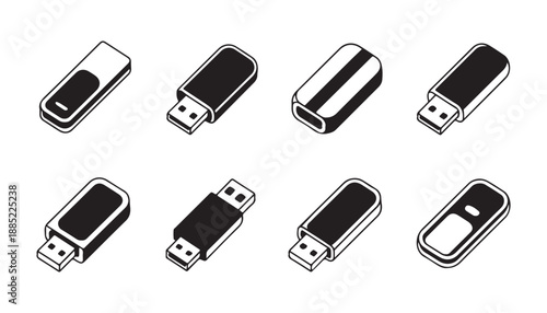 Isometric flash drive icons displaying portable usb memory stick models for data storage and backup
