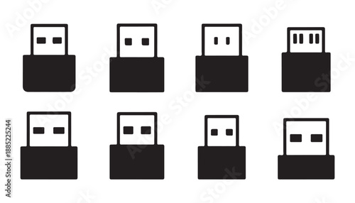 Universal serial bus interface icon set showing standard usb plug silhouettes for computer hardware