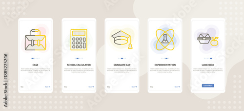 onboarding screen template for education mobile app ui with case, school calculator, graduate cap, experimentation, lunchbox icons.
