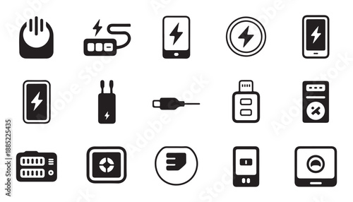 Collection of power buttons mobile phone chargers and electronic device connectors and icons