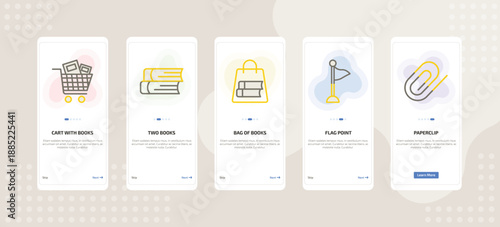 onboarding screen template for education mobile app ui with cart with books, two books, bag of books, flag point, paperclip icons.