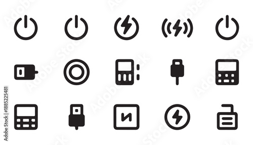 Electronic power icons set with energy button battery charging symbol and various connection plugs