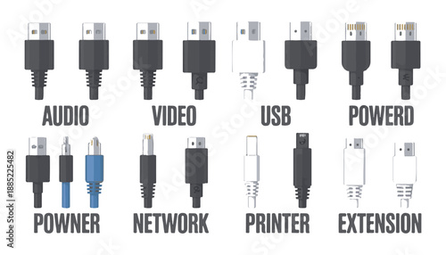Computer cable connector types illustration with audio video network usb and extension cord labels