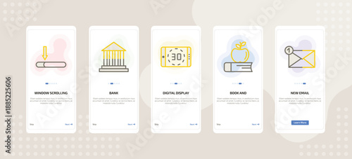 onboarding screen template for education mobile app ui with window scrolling medium, bank, digital display 30, book and, new email icons.