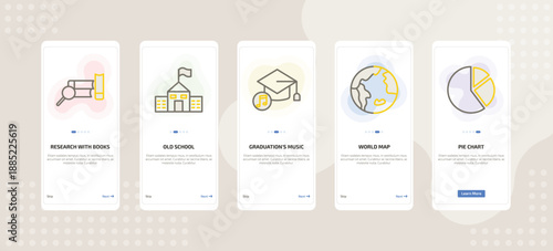 onboarding screen template for education mobile app ui with research with books, old school, graduation's music, world map, pie chart icons.
